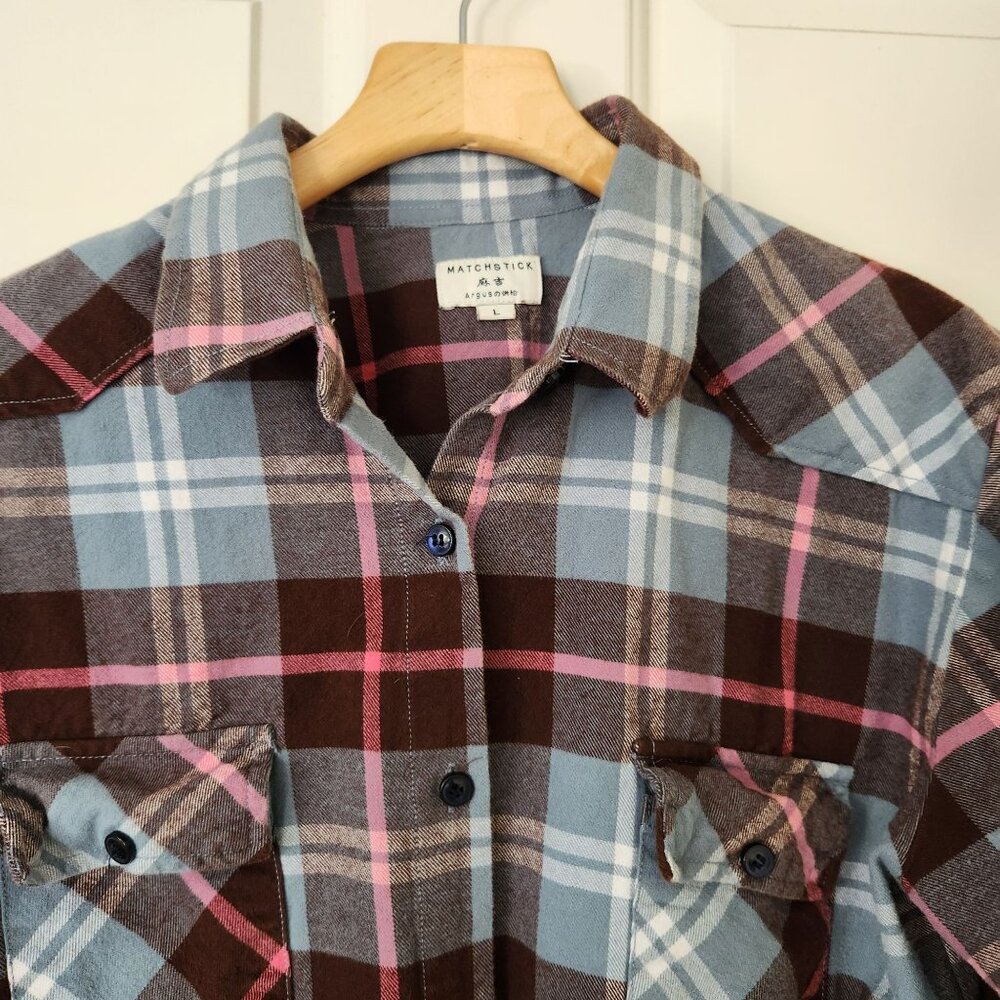 Matchstick Plaid Flannel Button-Up Shirt Blue Brown Pink Cabincore Woodsy Rustic - Picture 3 of 9